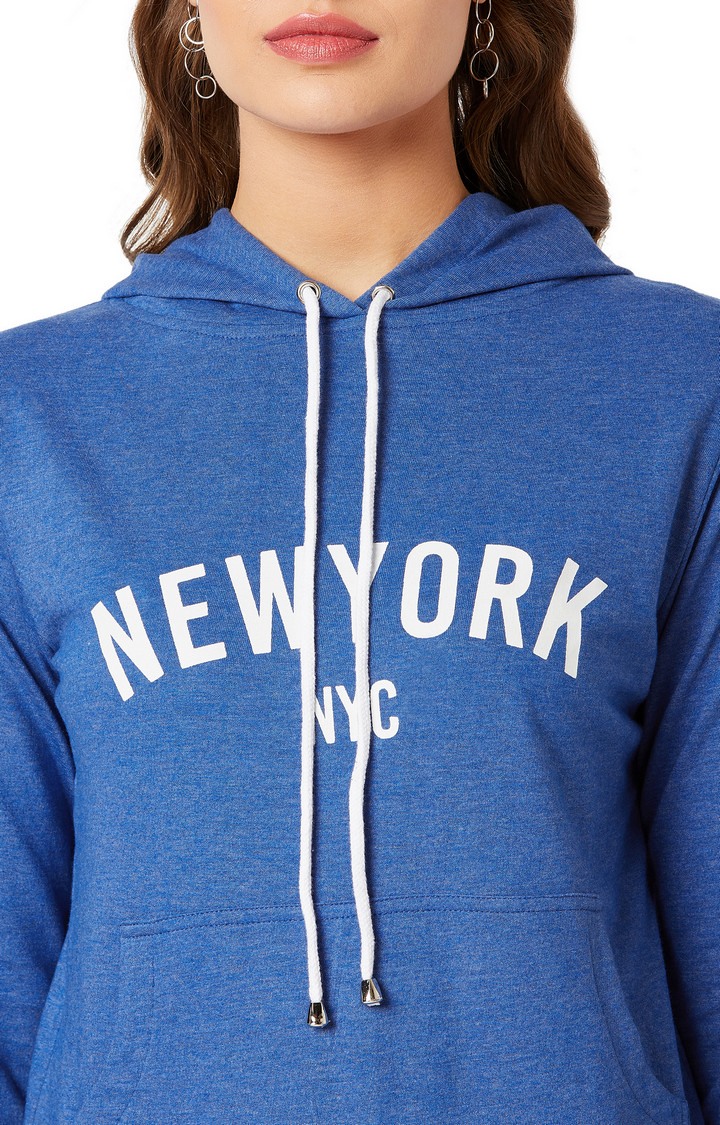 Women's Blue Cotton PrintedCasualwear Hoodies