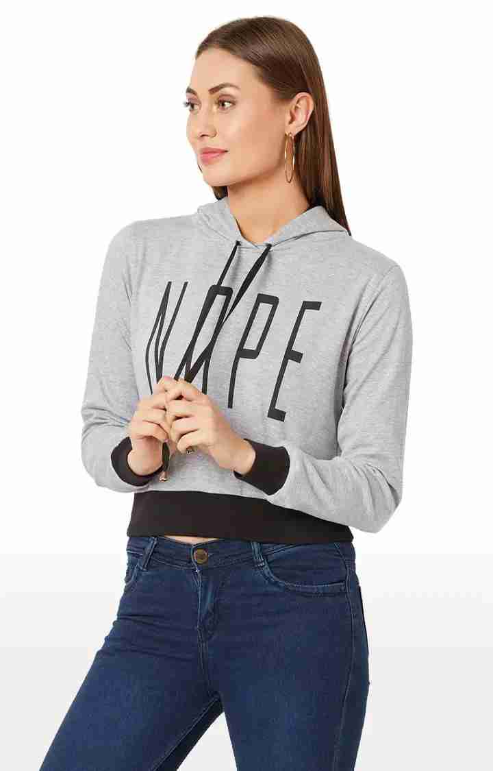 Women's Grey Cotton PrintedStreetwear Hoodies