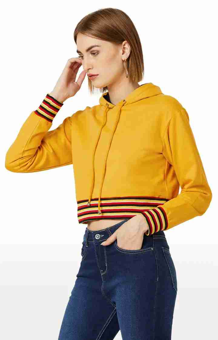 Women's Yellow Cotton SolidStreetwear Hoodies