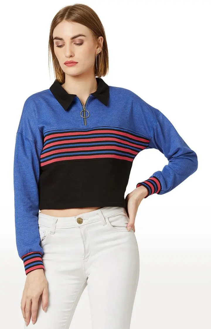 MISS CHASE | Women's Blue Striped Crop T-Shirt