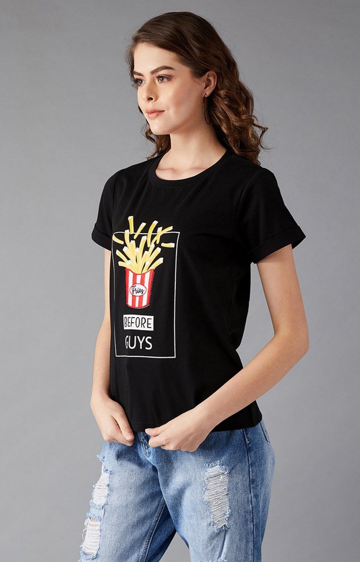 Women's Black Cotton  T-Shirts