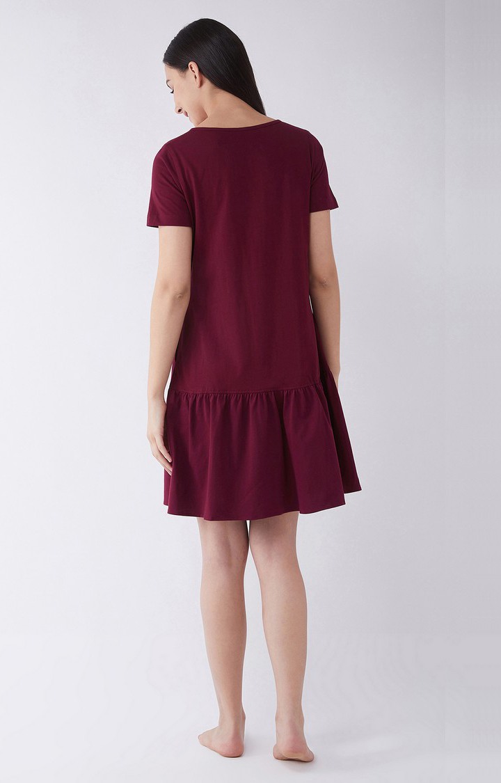 Women's Maroon Cotton Sleepwear Dress