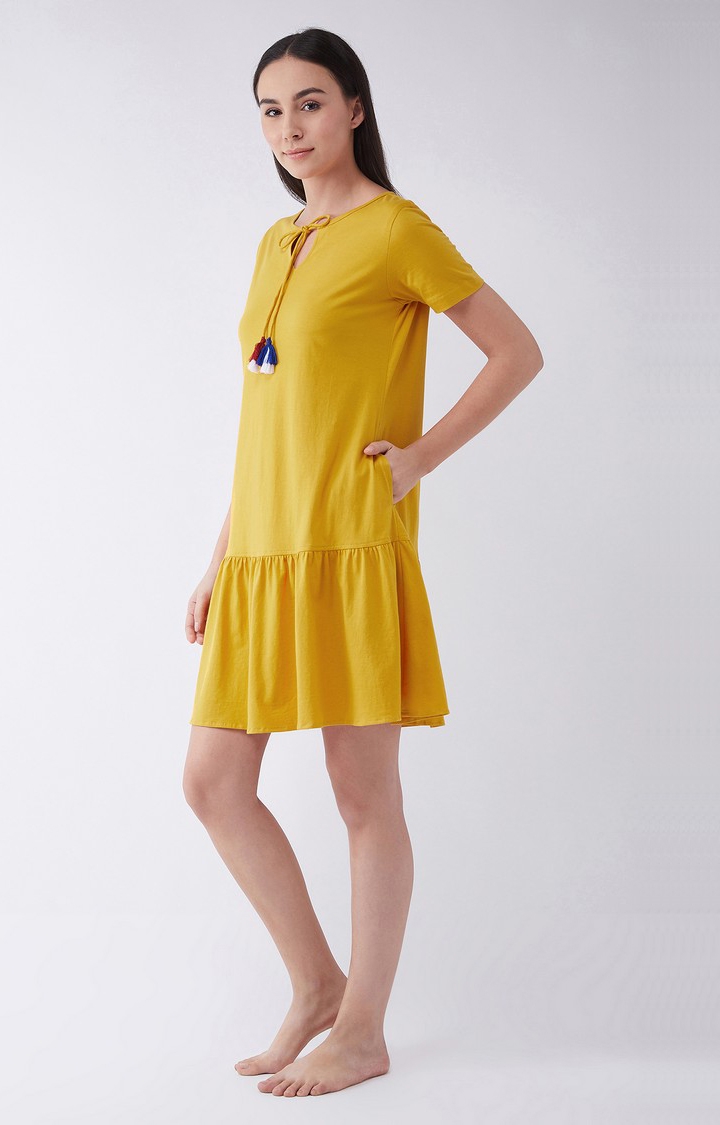 MISS CHASE | Women's Yellow Cotton Sleepwear Dress