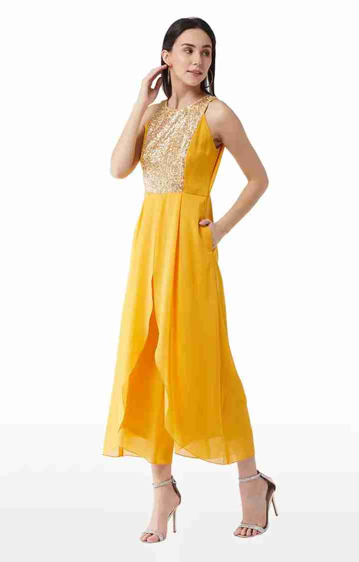 Women's Yellow Georgette SolidEveningwear Jumpsuits