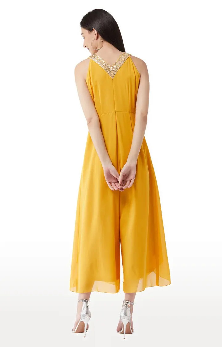 Women's Yellow Georgette SolidEveningwear Jumpsuits