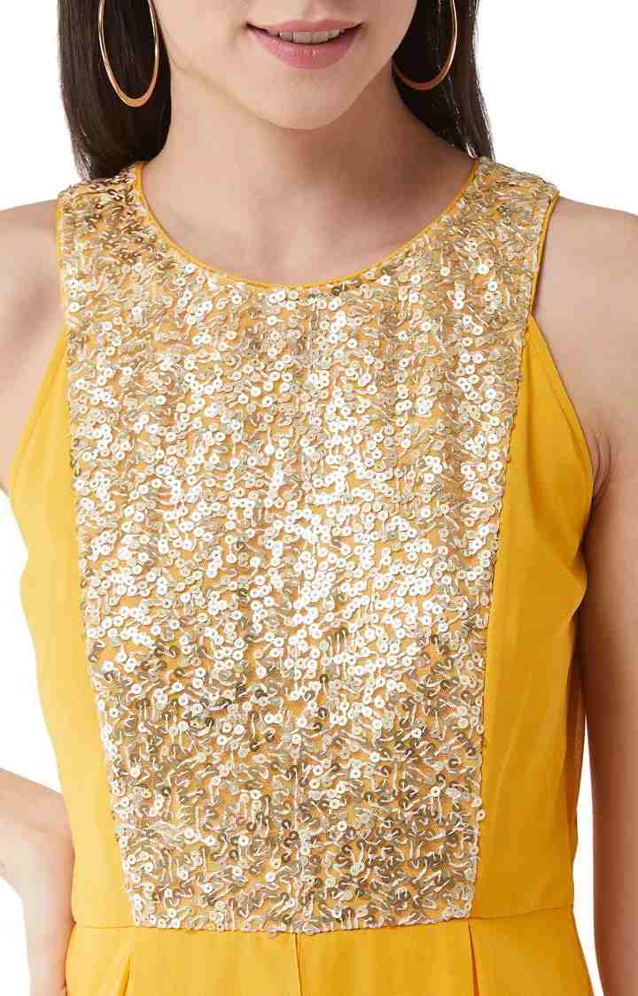 Women's Yellow Georgette SolidEveningwear Jumpsuits