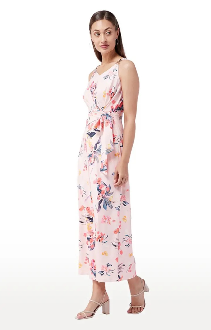 Women's Pink Polyester FloralCasualwear Jumpsuits