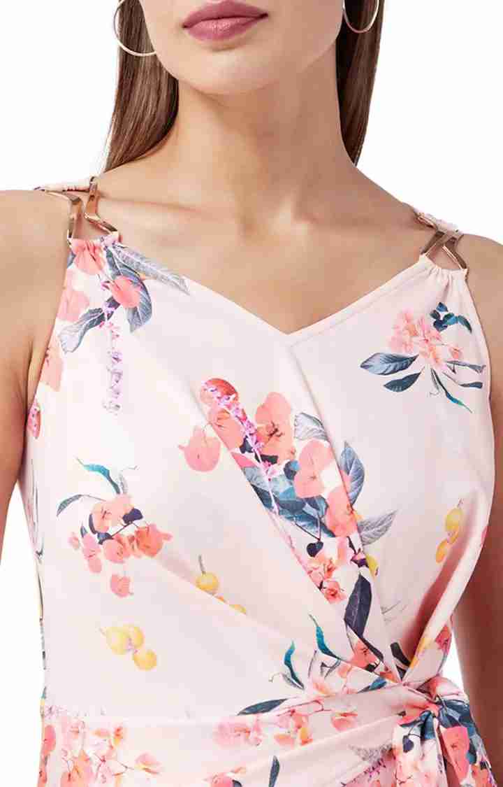 Women's Pink Polyester FloralCasualwear Jumpsuits