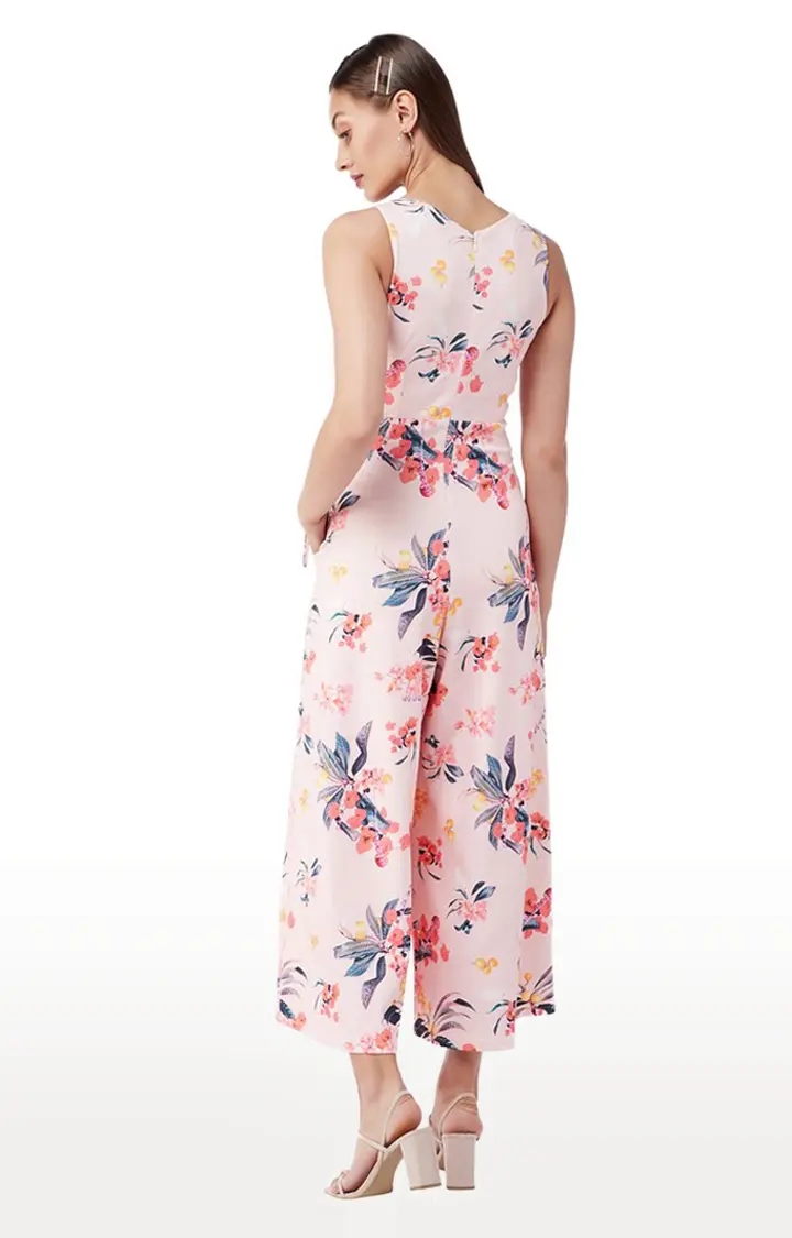 Women's Pink Polyester FloralCasualwear Jumpsuits