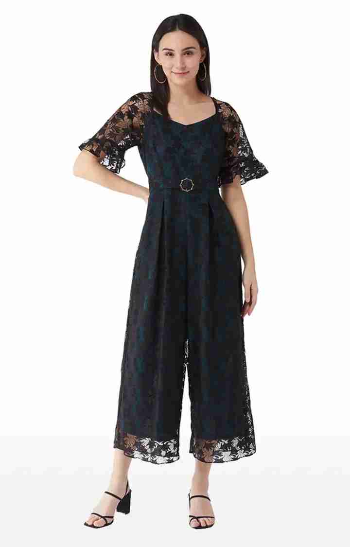 Women's Black Polyester SolidCasualwear Jumpsuits