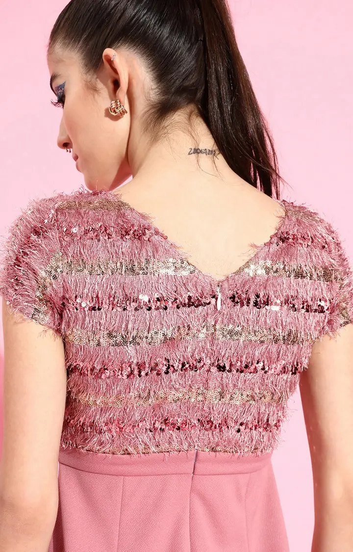 Women's Pink Polyester SolidEveningwear Jumpsuits