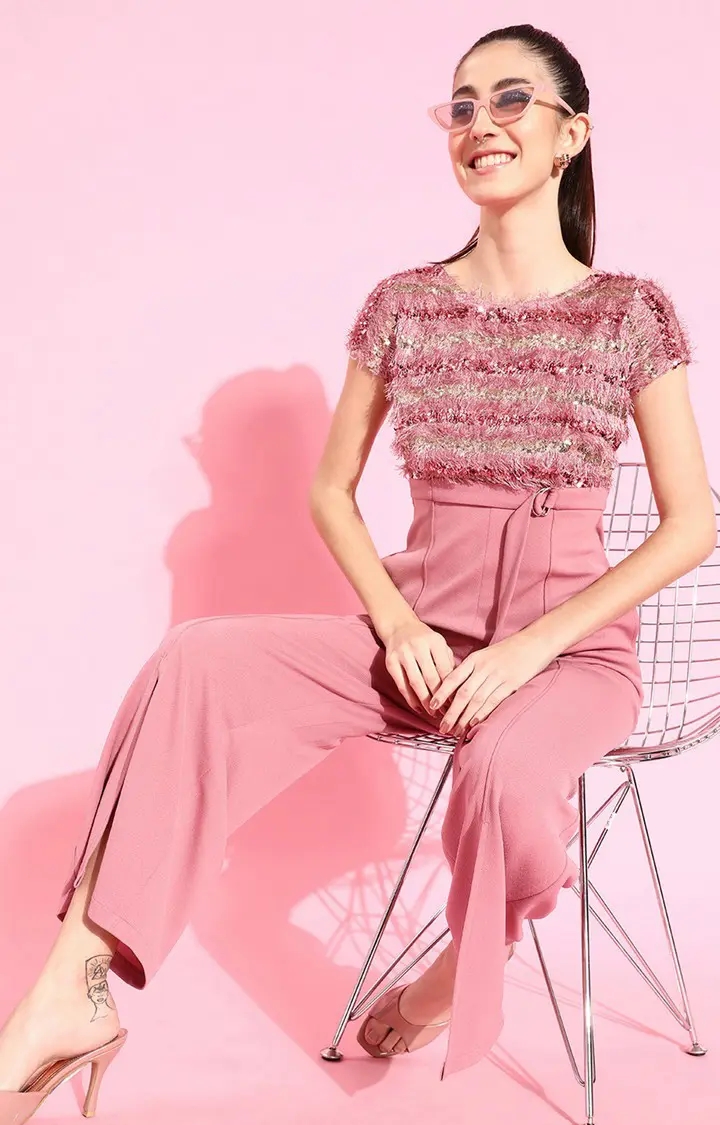 Women's Pink Polyester SolidEveningwear Jumpsuits