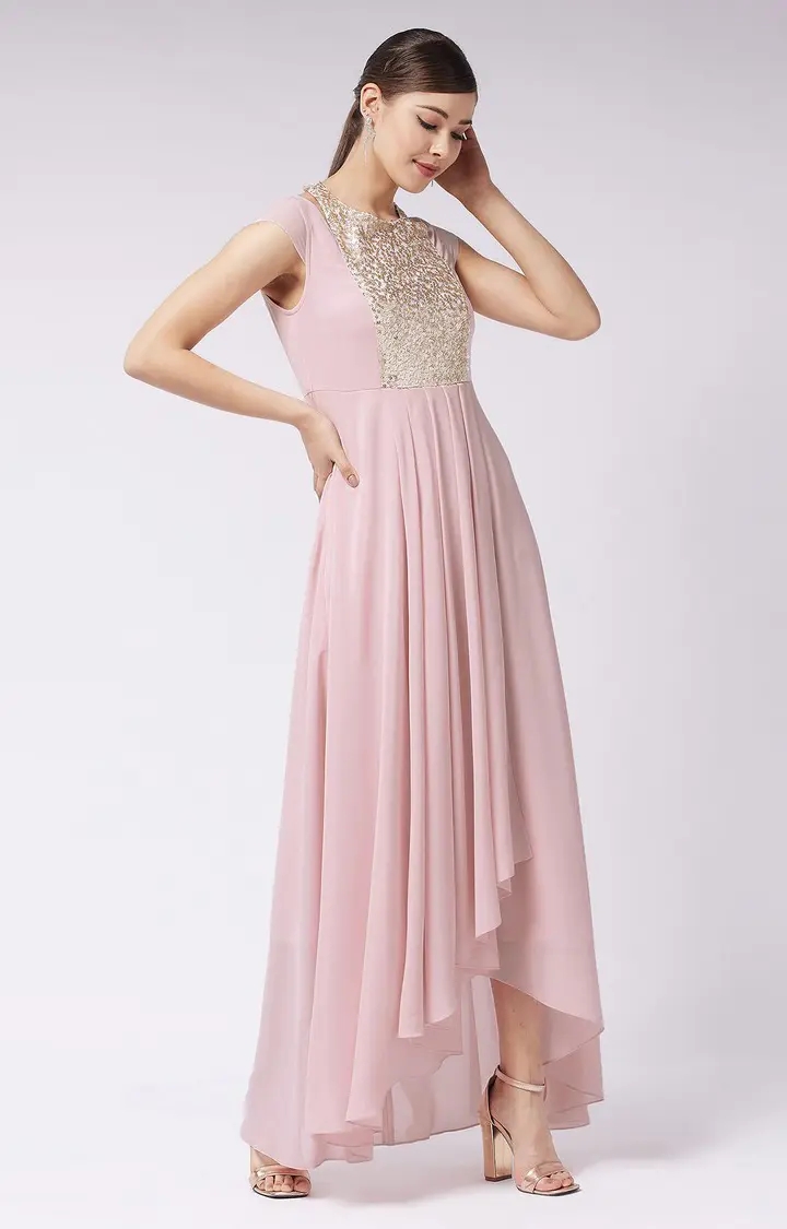 Women's Pink Polyester SolidEveningwear Gowns