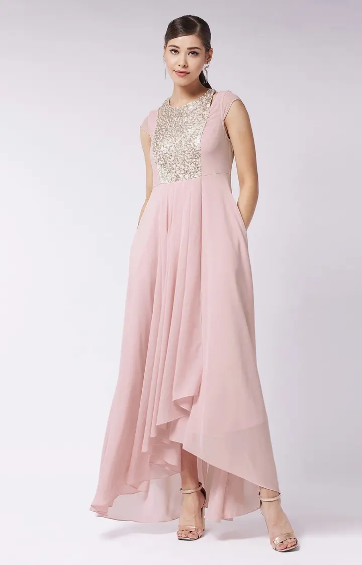 Women's Pink Polyester SolidEveningwear Gowns
