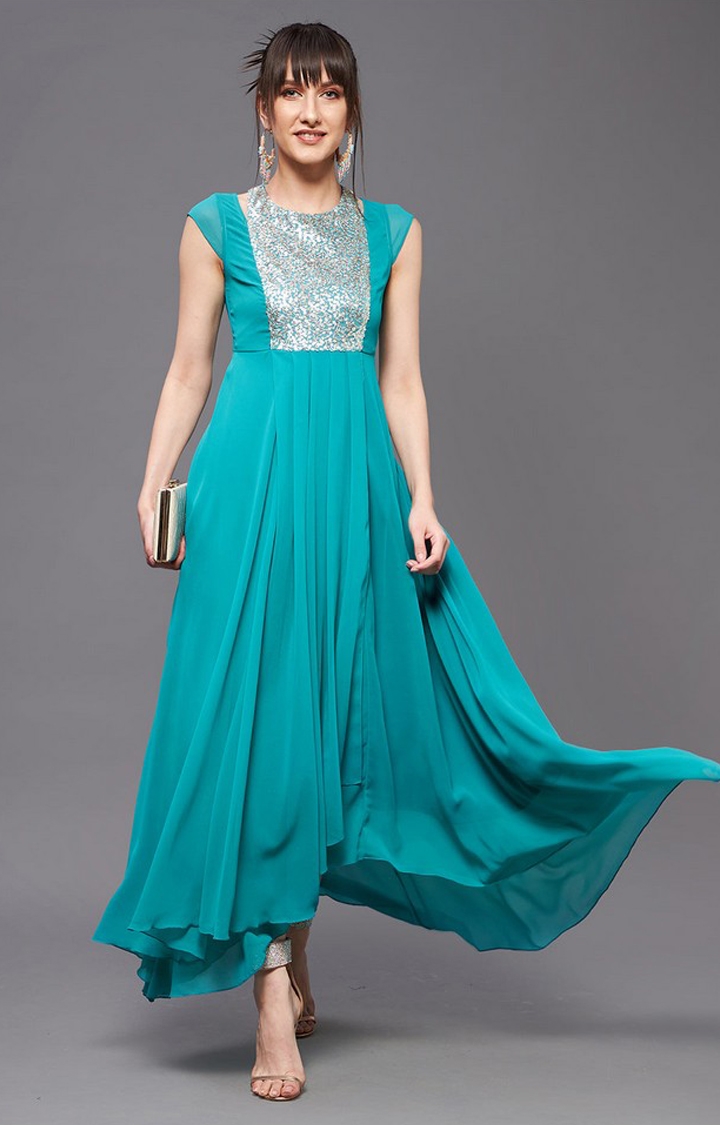 Women's Blue Georgette EmbellishedEveningwear Maxi Dress