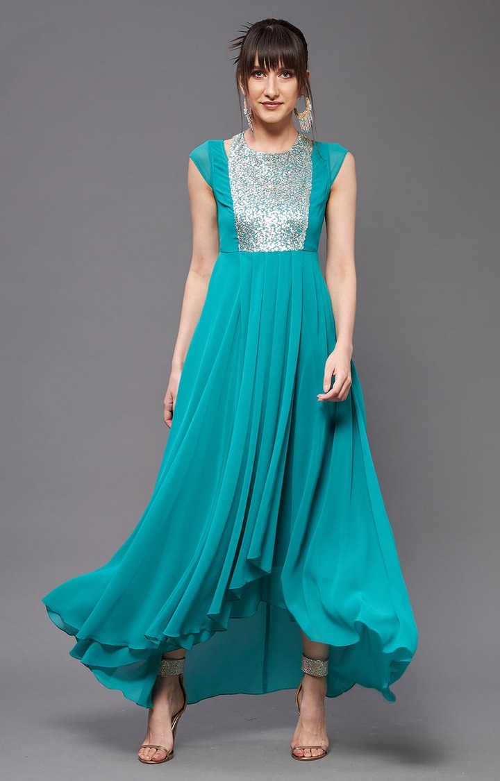 MISS CHASE | Women's Blue Georgette EmbellishedEveningwear Maxi Dress