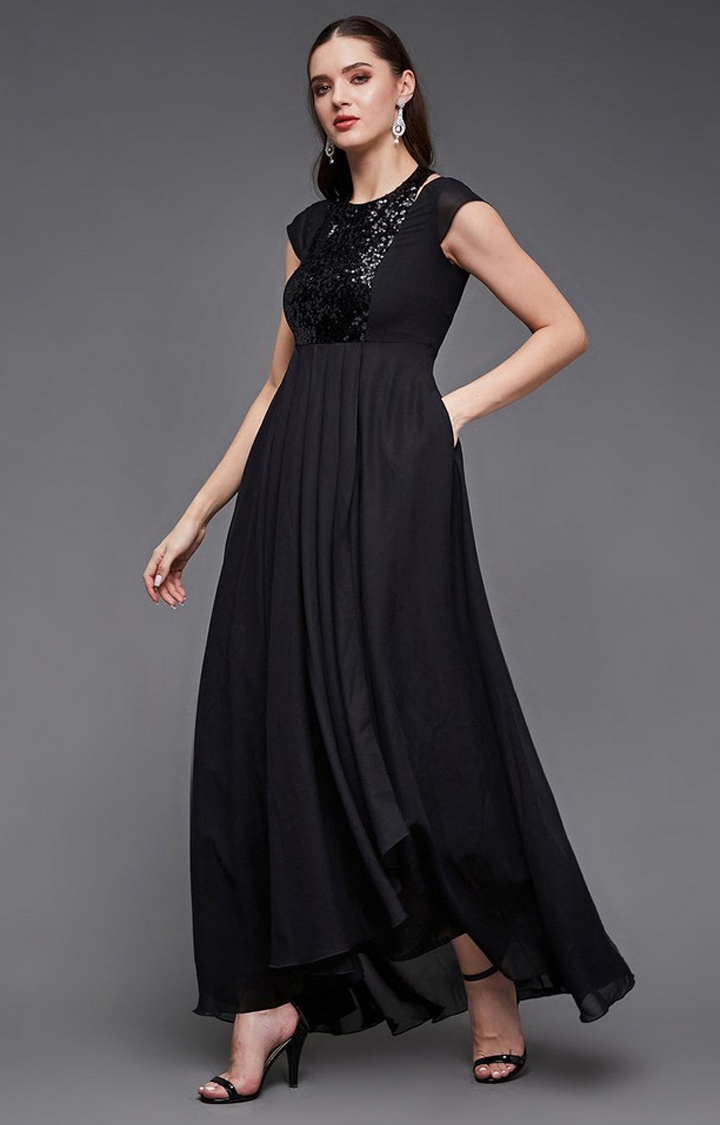 Women's Black Georgette EmbellishedEveningwear Maxi Dress