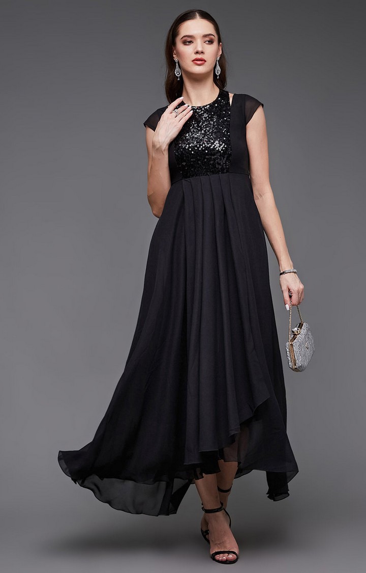 Women's Black Georgette EmbellishedEveningwear Maxi Dress