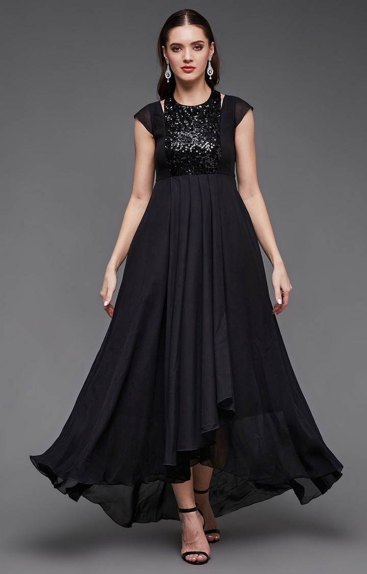 MISS CHASE | Women's Black Georgette EmbellishedEveningwear Maxi Dress