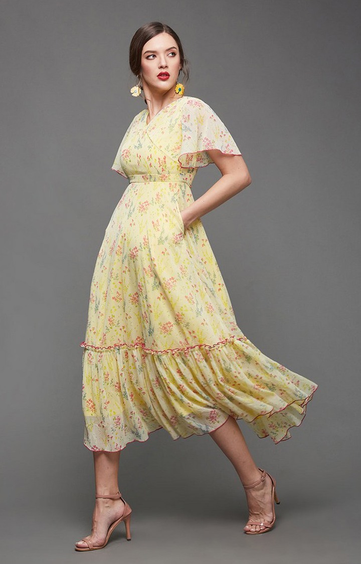 Multicolored-Base-Yellow V Neck Flared Sleeve Floral Wrap Maxi Dress