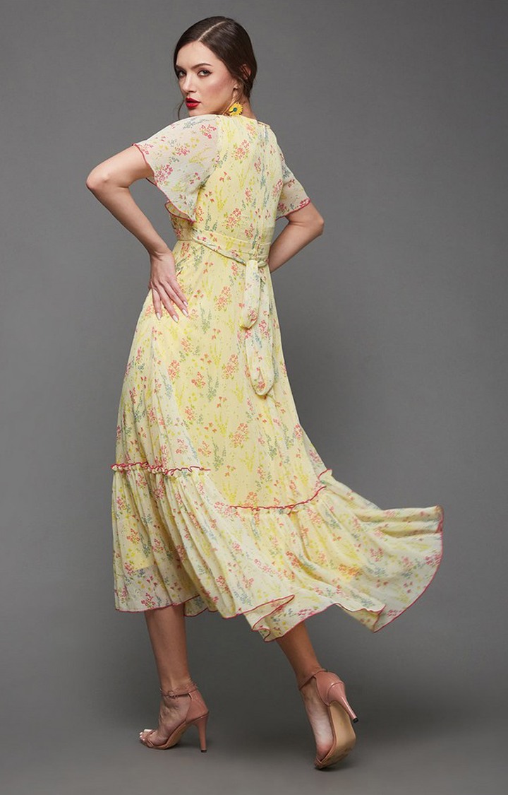 Multicolored-Base-Yellow V Neck Flared Sleeve Floral Wrap Maxi Dress