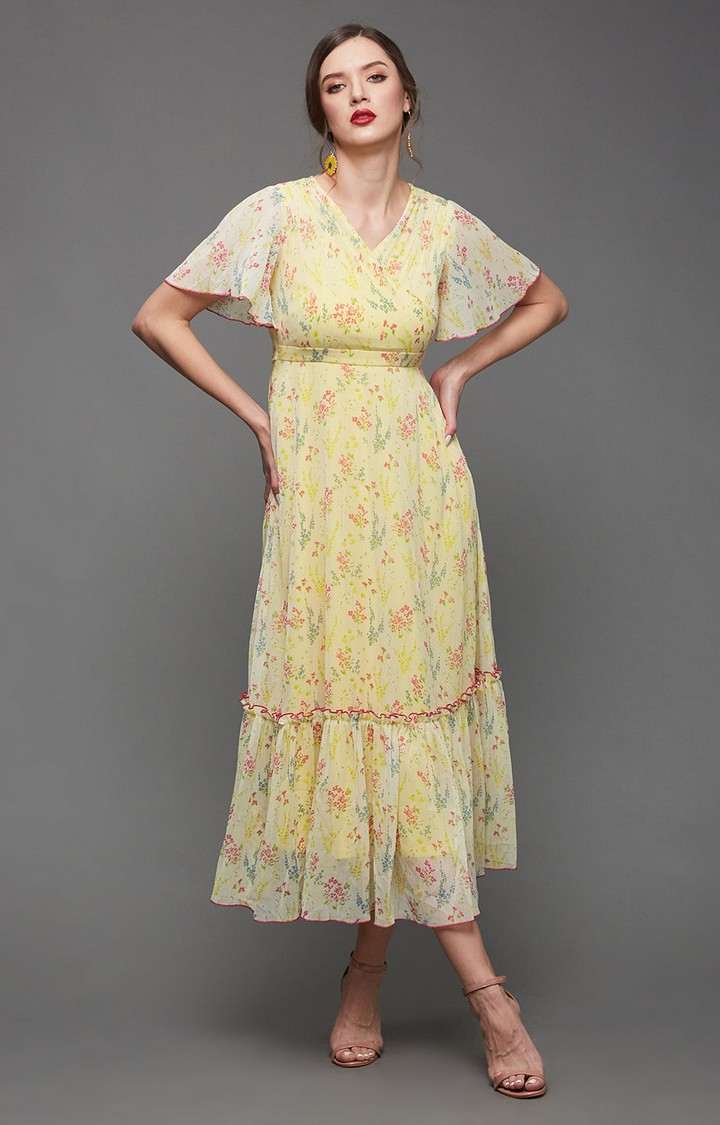 Multicolored-Base-Yellow V Neck Flared Sleeve Floral Wrap Maxi Dress