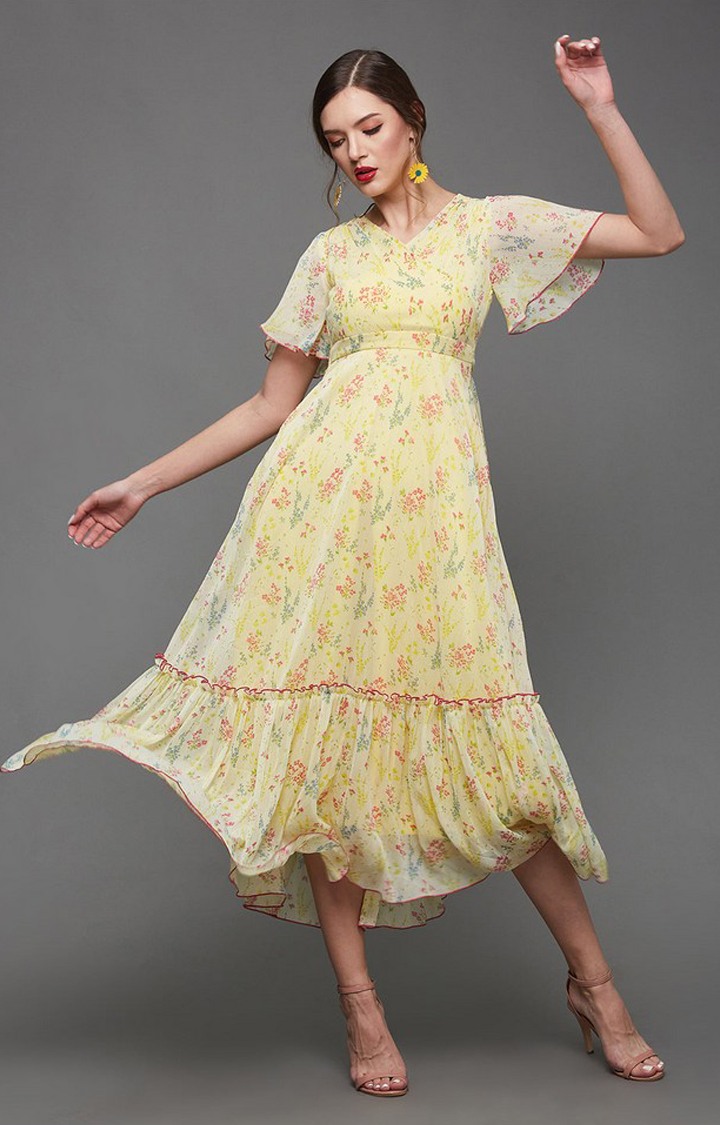 Multicolored-Base-Yellow V Neck Flared Sleeve Floral Wrap Maxi Dress