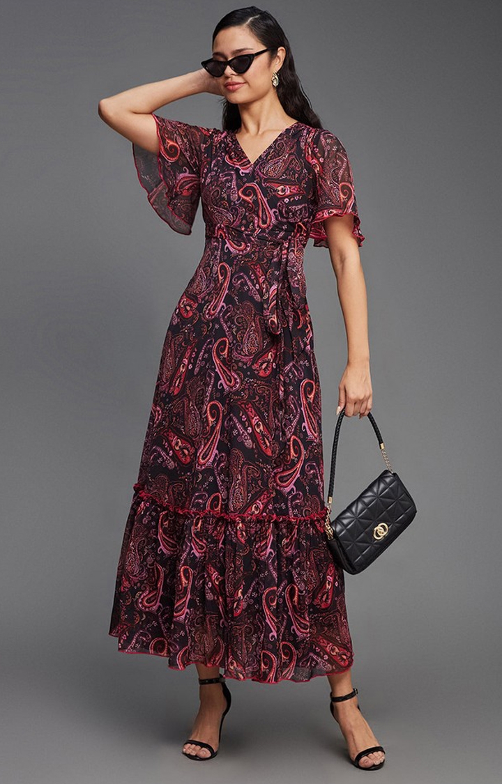 Multicolored-Base-Black Bohemian V-Neck Flutter Sleeve Chiffon Relaxed Fit Wrap Maxi Dress