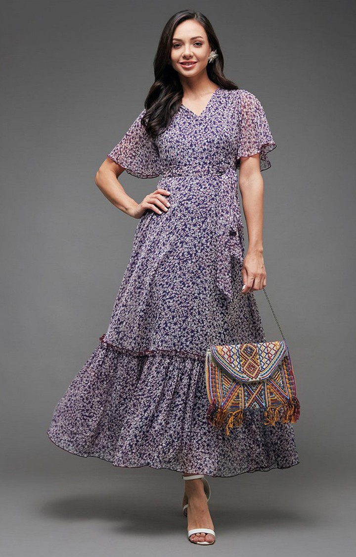 Multicolored-Base-Purple V Neck Flared Sleeve Floral Wrap Chiffon Maxi Dress