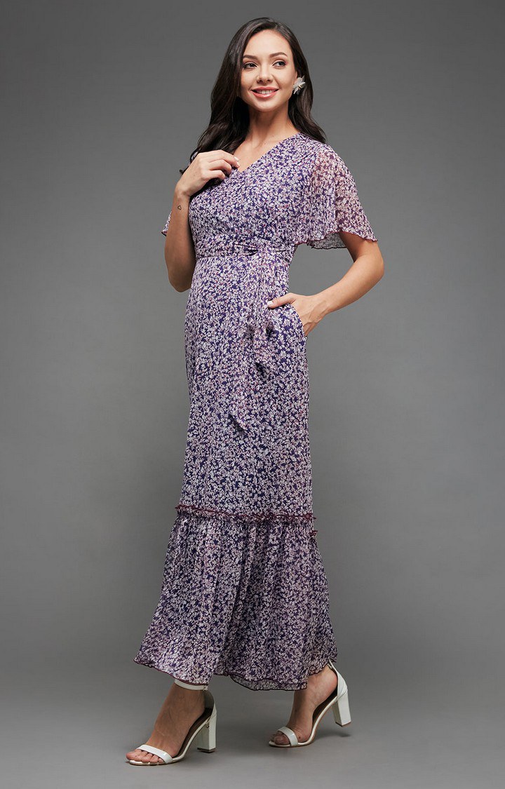 Multicolored-Base-Purple V Neck Flared Sleeve Floral Wrap Chiffon Maxi Dress