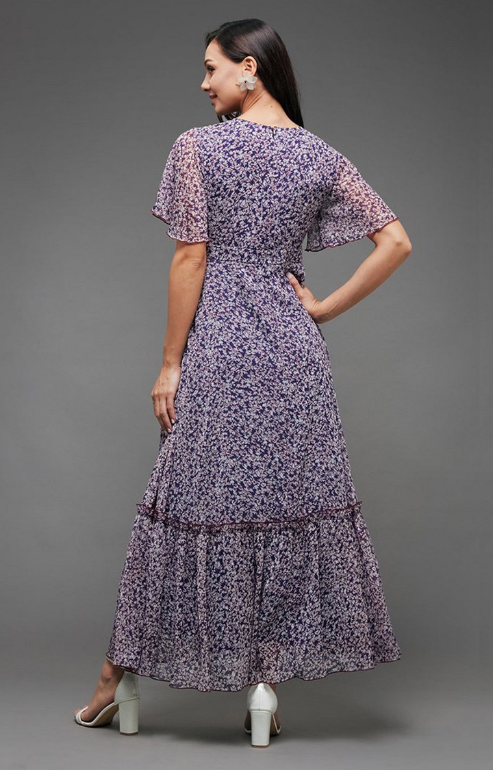 Multicolored-Base-Purple V Neck Flared Sleeve Floral Wrap Chiffon Maxi Dress