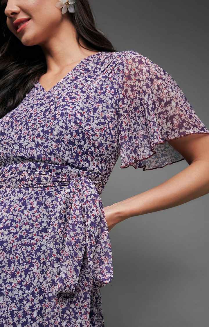 Multicolored-Base-Purple V Neck Flared Sleeve Floral Wrap Chiffon Maxi Dress