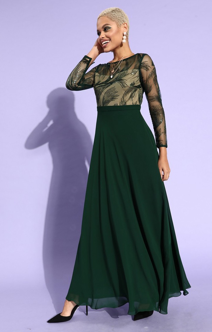 Women's Green Polyester SolidEveningwear Maxi Dress