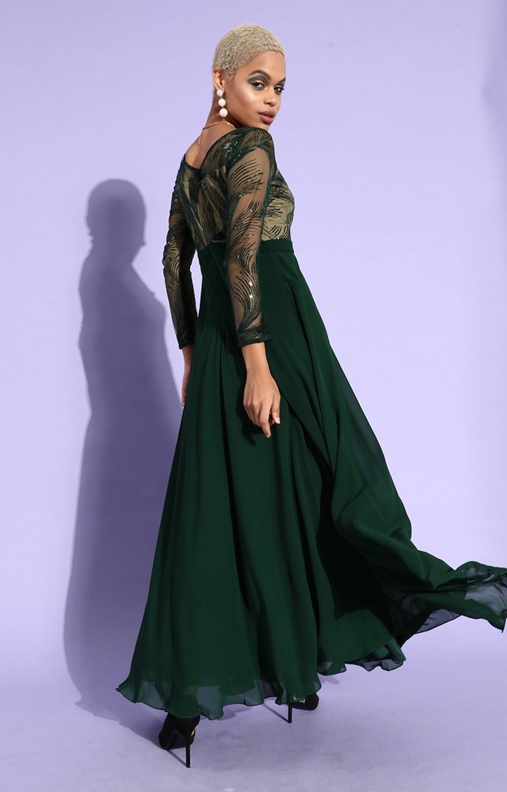 Women's Green Polyester SolidEveningwear Maxi Dress