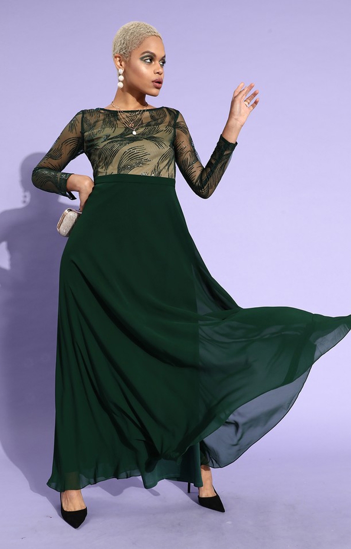Women's Green Polyester SolidEveningwear Maxi Dress