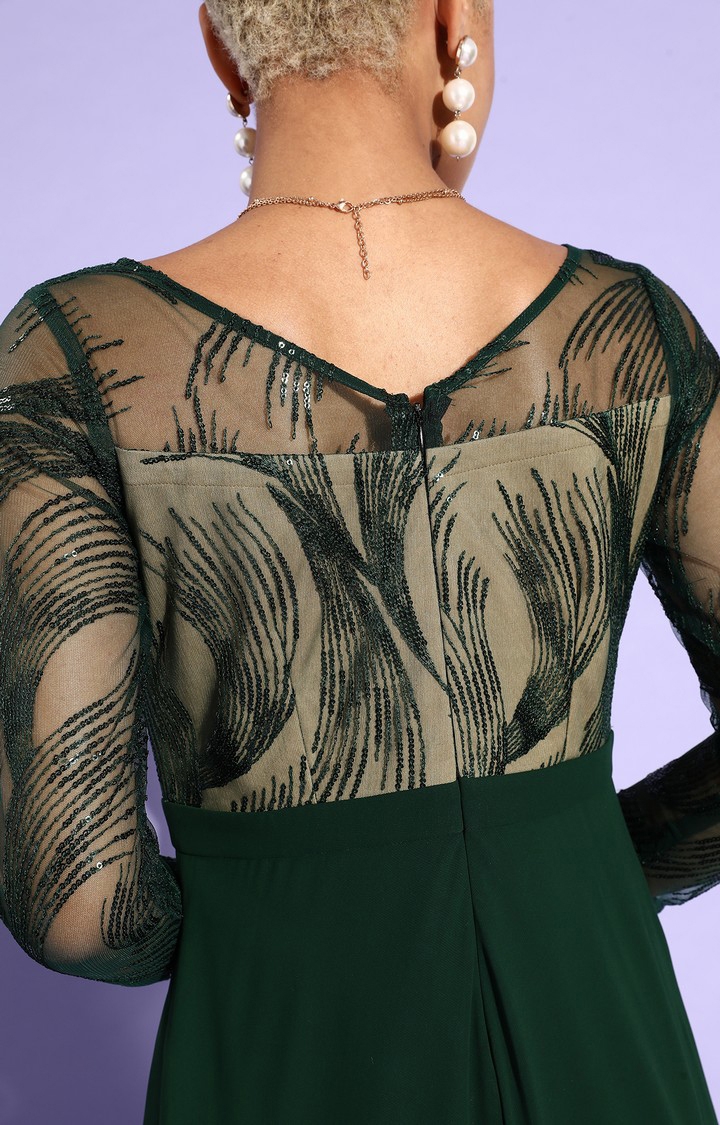 Women's Green Polyester SolidEveningwear Maxi Dress