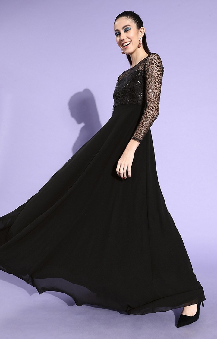 Women's Black Polyester SolidEveningwear Maxi Dress