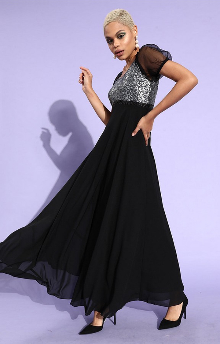 MISS CHASE | Women's Black Georgette  Maxi Dress