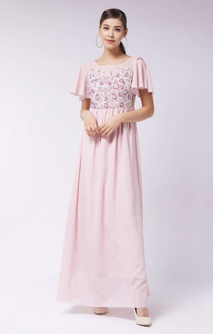MISS CHASE | Women's Pink Georgette SolidEveningwear Maxi Dress