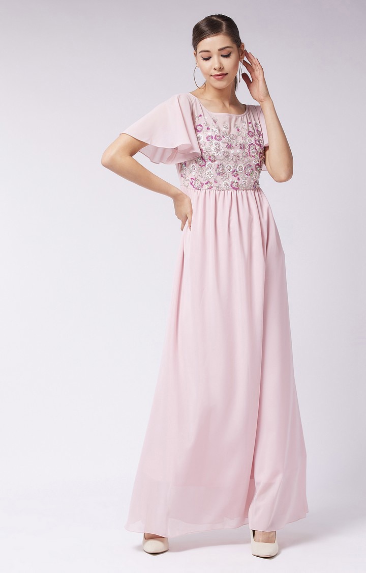 Women's Pink Georgette SolidEveningwear Maxi Dress