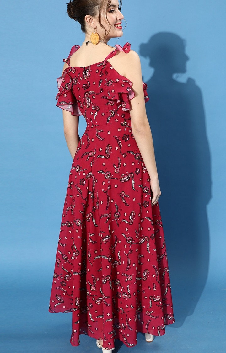 Women's Red Georgette FloralCasualwear Maxi Dress