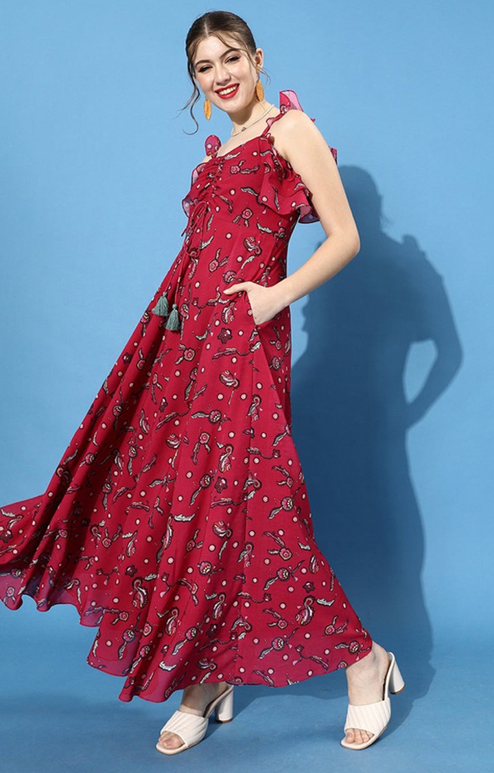 Women's Red Georgette FloralCasualwear Maxi Dress