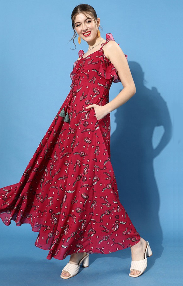 MISS CHASE | Women's Red Georgette FloralCasualwear Maxi Dress