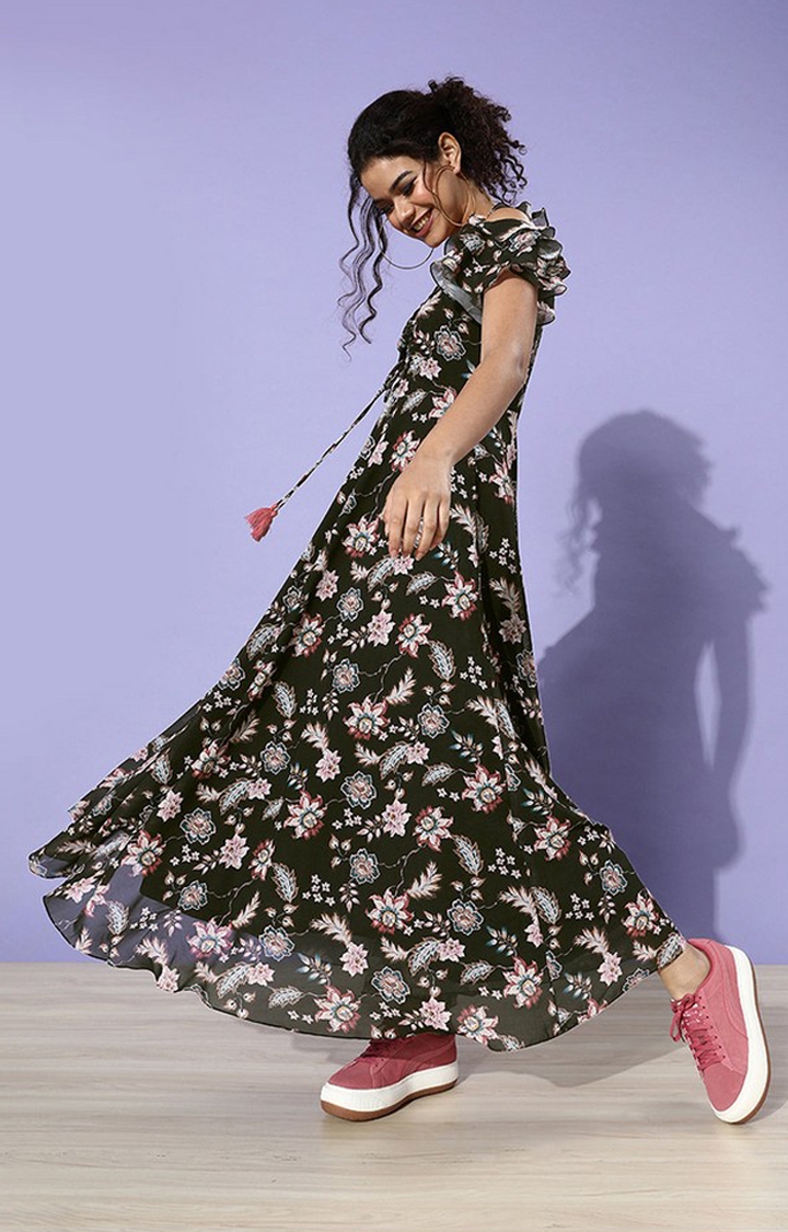 Women's Black Georgette FloralCasualwear Maxi Dress