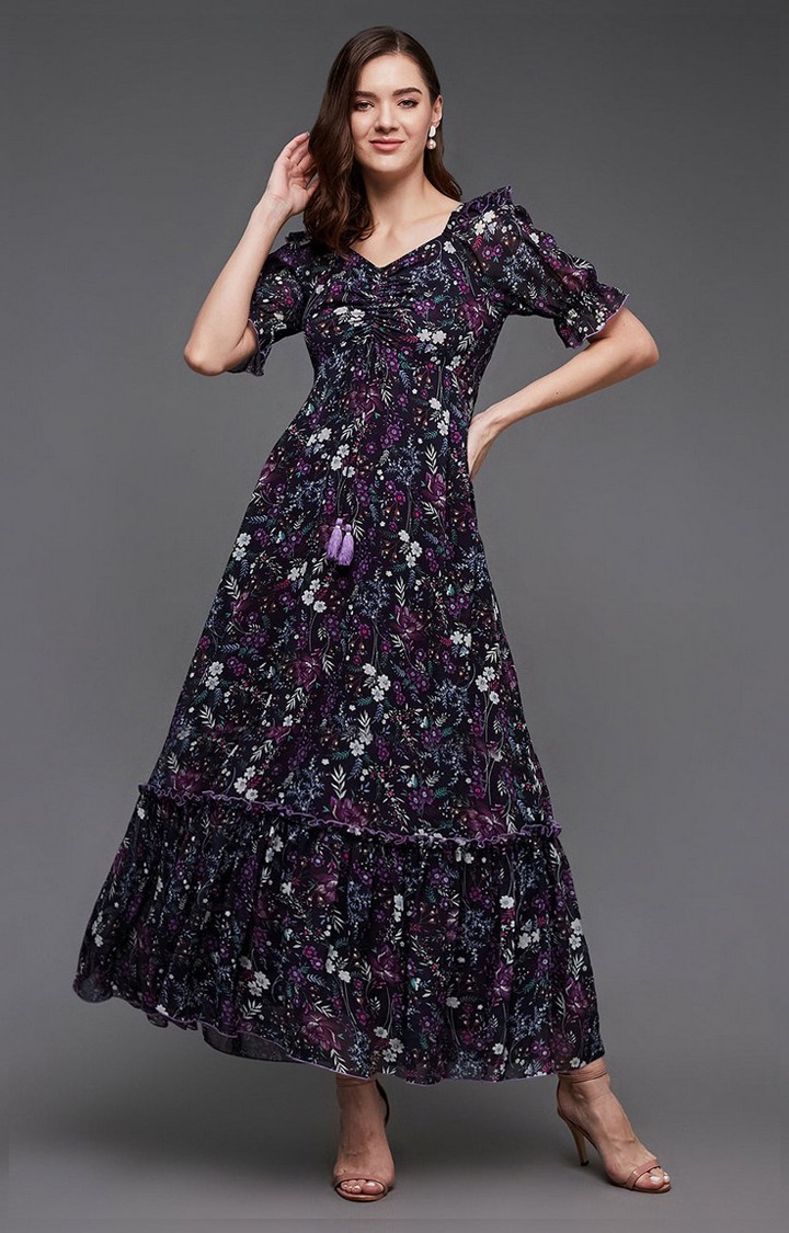 Women's Black Georgette FloralCasualwear Maxi Dress