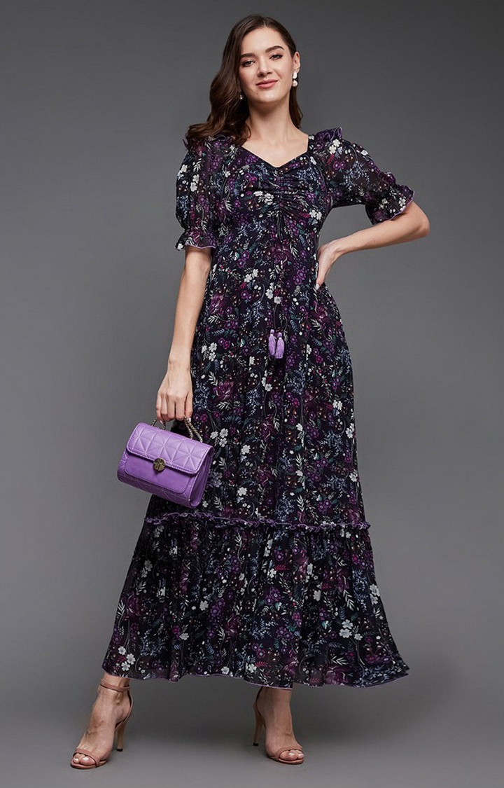Women's Black Georgette FloralCasualwear Maxi Dress