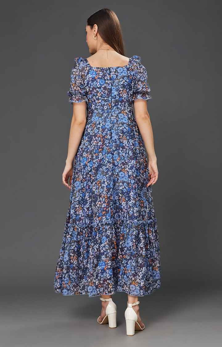 Multicolored-Base-Navy Blue V-Neck Puff Sleeve Floral Ruching Ankle-Length Dress