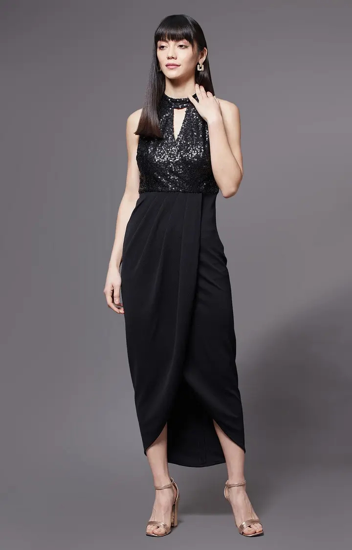 MISS CHASE | Women's Black Solid Asymmetric Dress