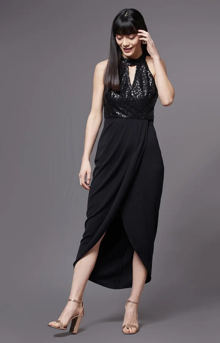 MISS CHASE | Women's Black Solid Asymmetric Dress 1