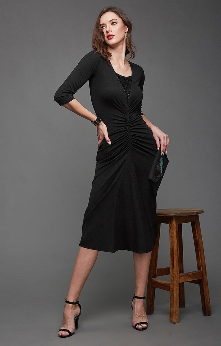 Women's Black Polyester EmbroideredEveningwear Shift Dress